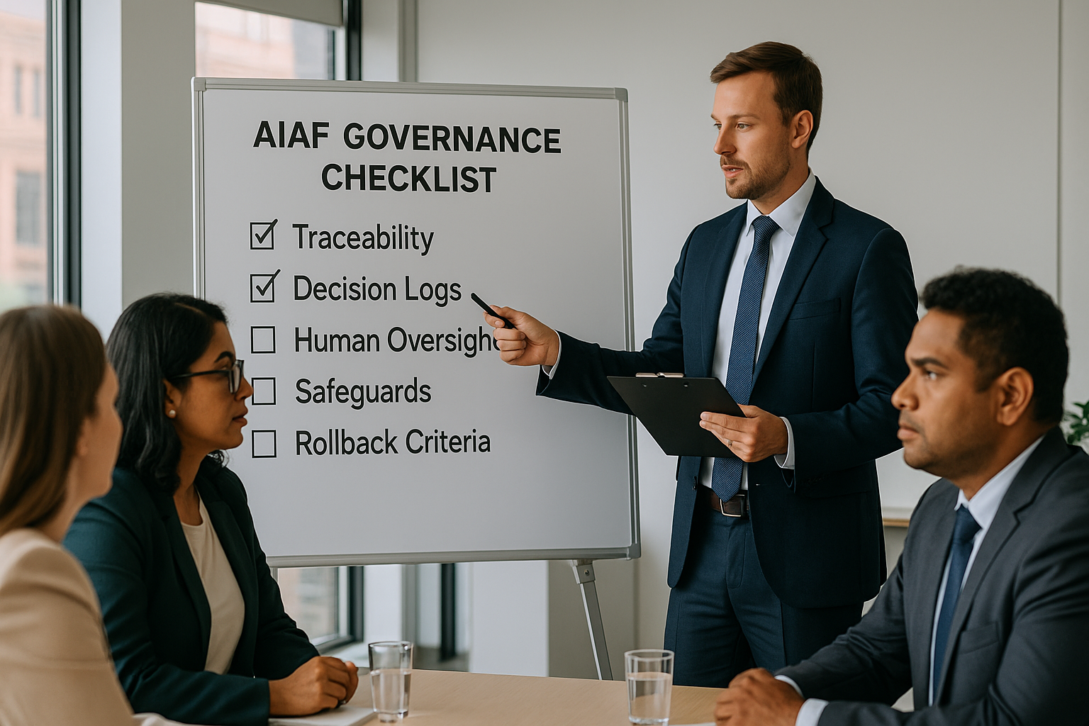 Consultant reviewing AIAF governance checklist with NSW agency team.