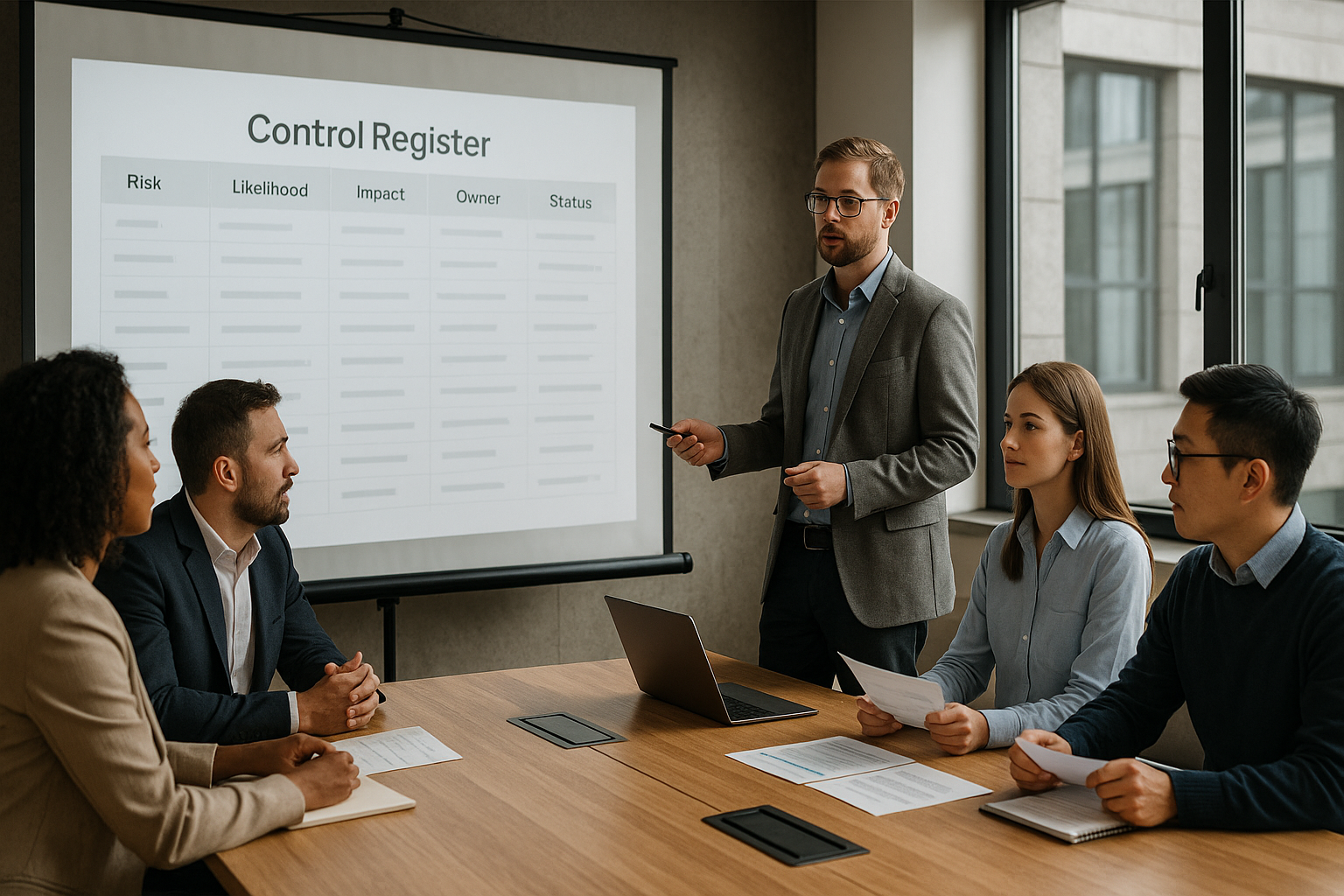 Risk assessment workshop with control register projected.