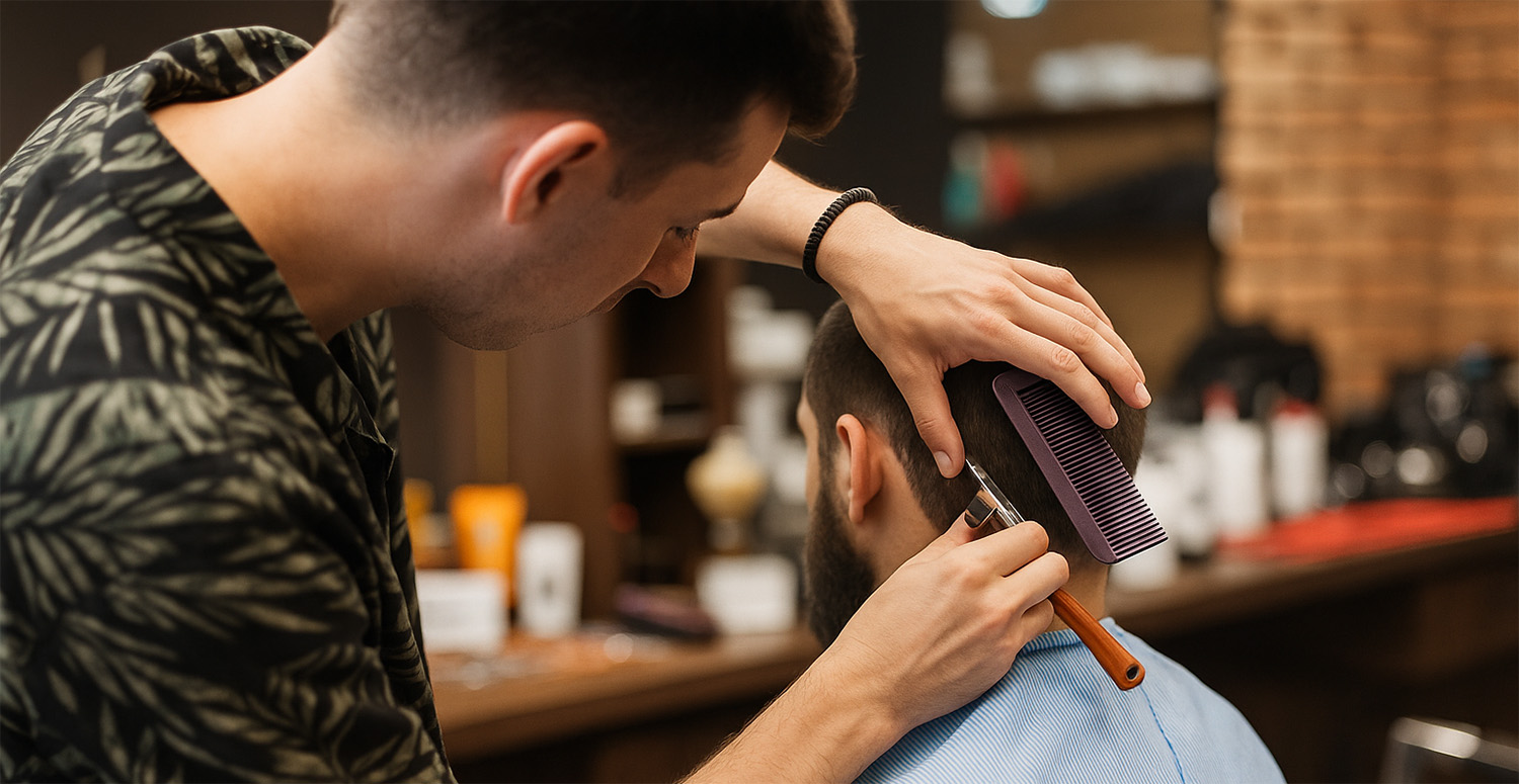 Barber cutting a client’s hair in a Southlake TX barbershop, showing the busy atmosphere of a small business.