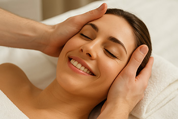 Close-up of a woman smiling with eyes closed while receiving a temple massage at a spa in Southlake TX