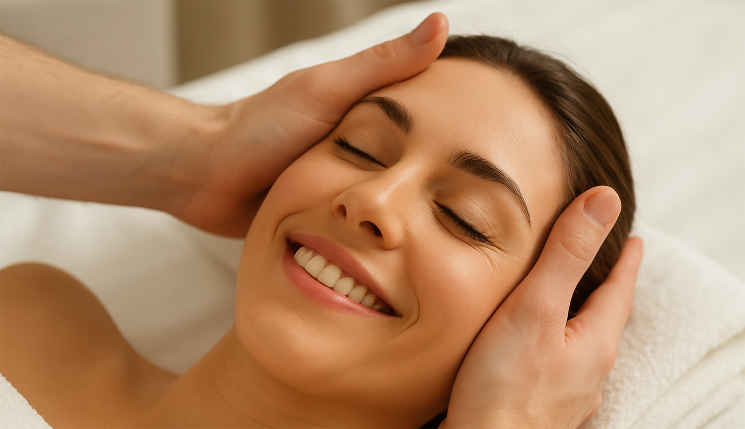 Close-up of a woman smiling with eyes closed while receiving a temple massage at a spa in Southlake TX