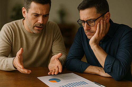 Two male business partners sit at a wooden table, studying financial charts and graphs.