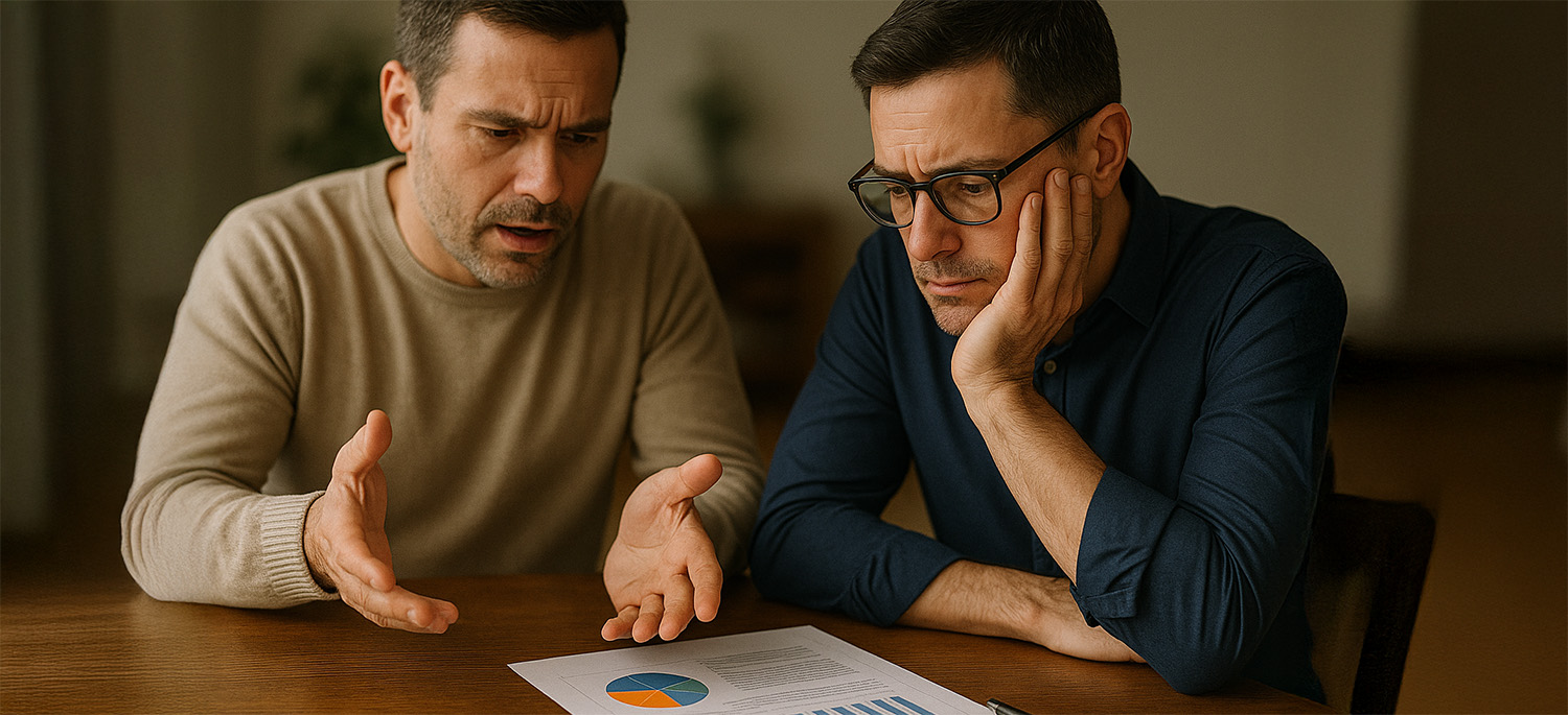 Two male business partners sit at a wooden table, studying financial charts and graphs.
