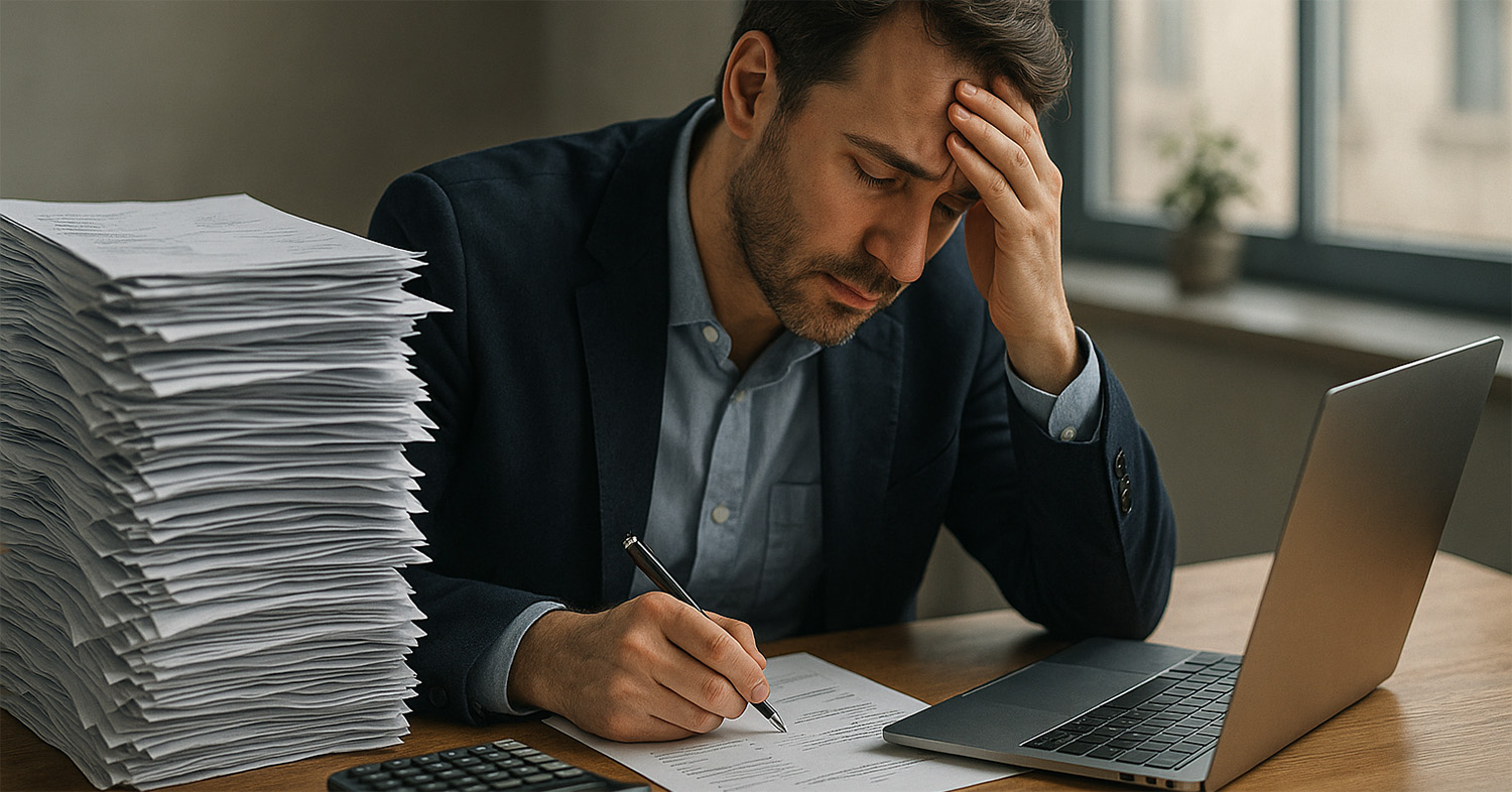 Stressed businessman surrounded by paperwork, working at his desk with a laptop.