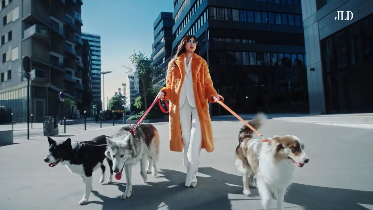 Femme bien habillée qui promène 3 chiens