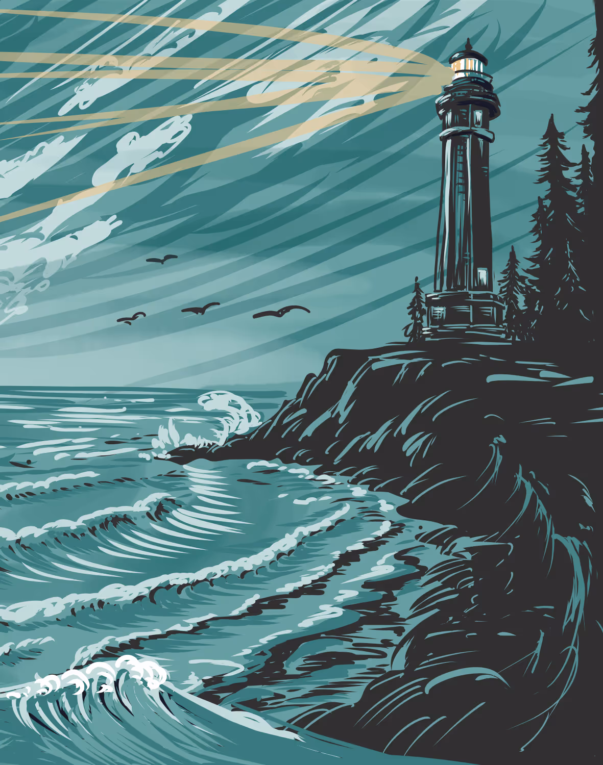 A painting of a lighthouse on a cliff by the ocean.
