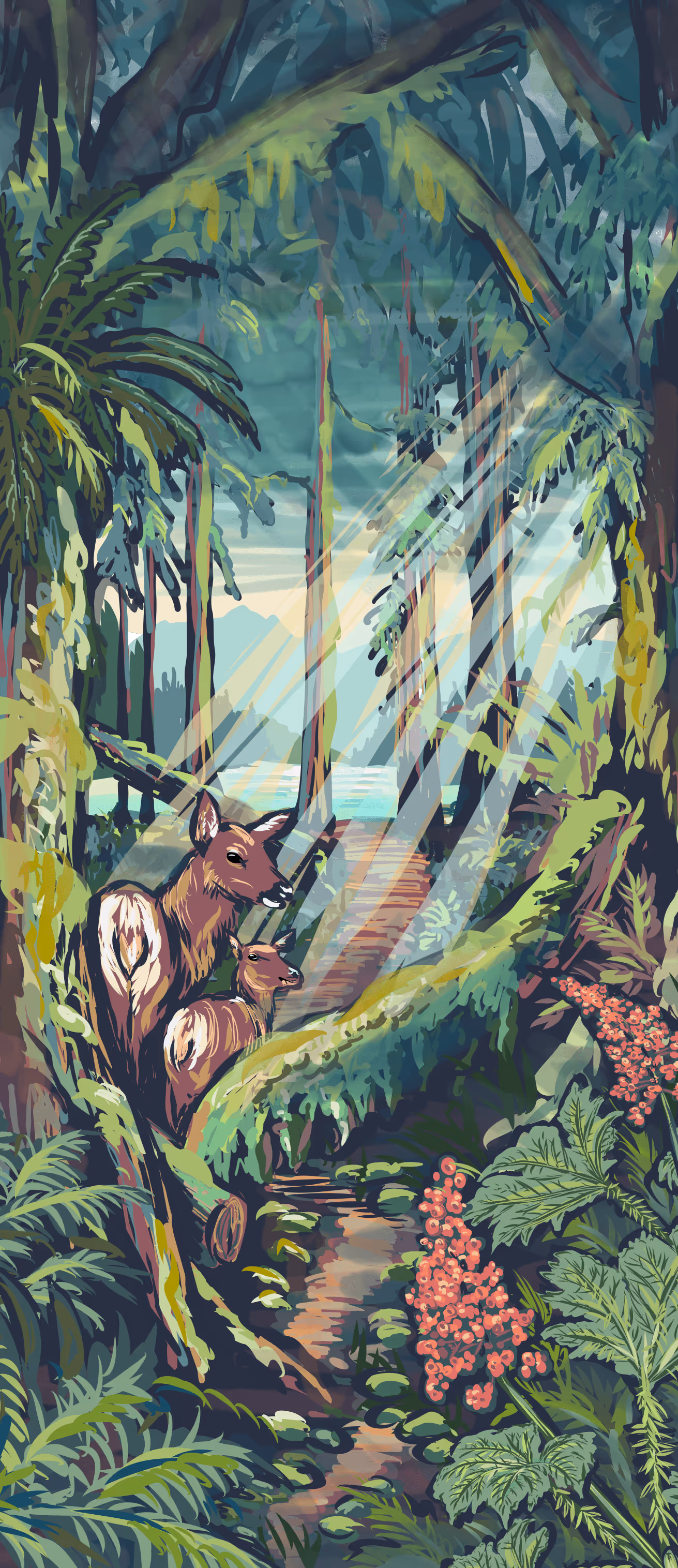 A painting of a bear in a forest.
