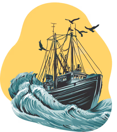 A drawing of a ship in the middle of a wave.