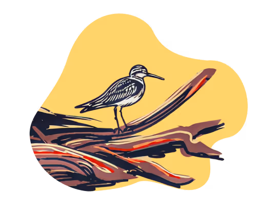 A bird sitting on top of a pile of wood.