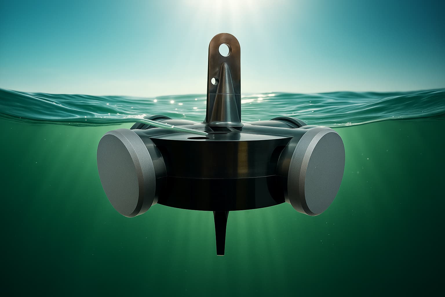 The Pulsar 4400 ultrasonic algae control device, a fourth-generation system with 4,400 frequencies, floating partially submerged to provide 360-degree coverage for chemical-free biofilm and algae removal.