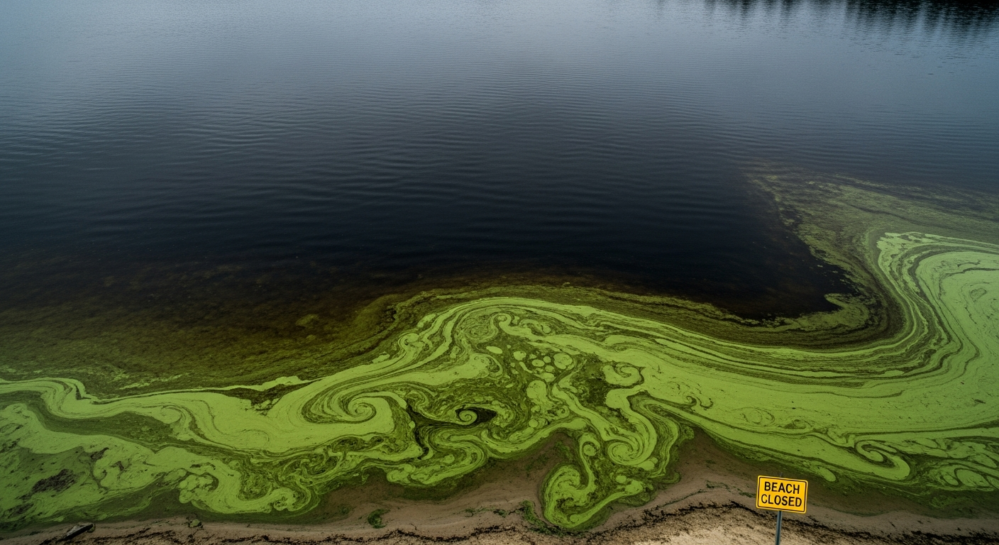Toxic green algae bloom on a lake