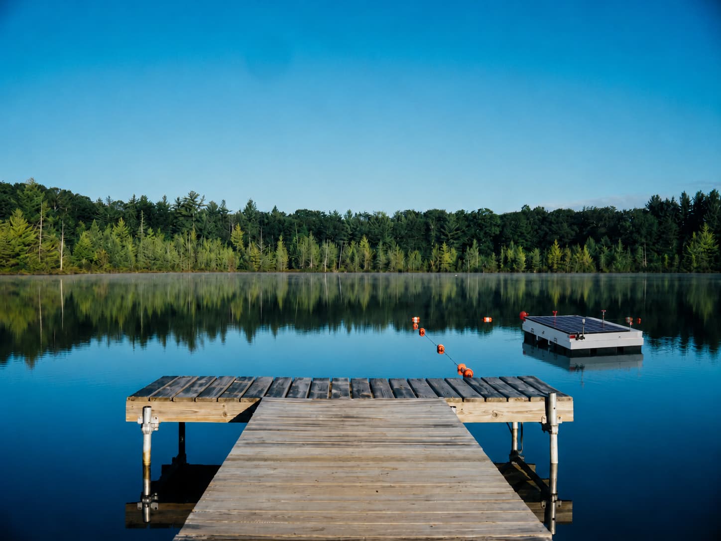 Algae-free pond/lake view with a dock and treeline. Image depicts water restored by sustainable, ultrasonic algae control and biofilm removal, replacing chemicals in water treatment.