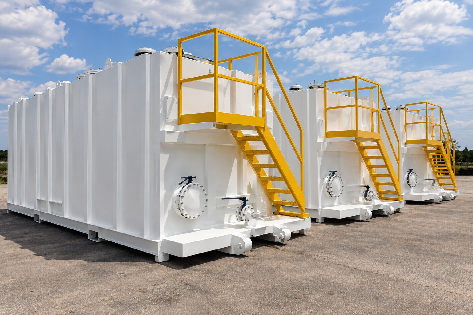 Row of white industrial storage tanks with yellow access stairs and platforms