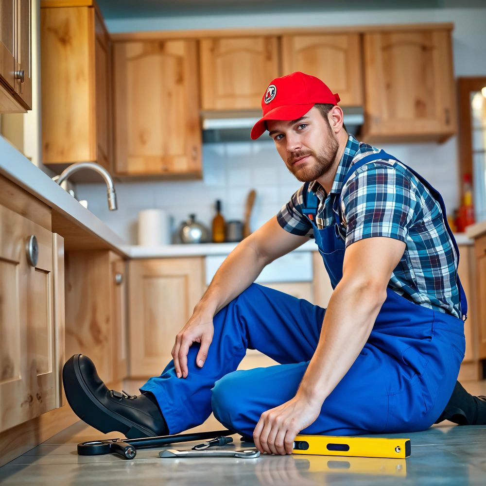 Handyman on kitchen floor.