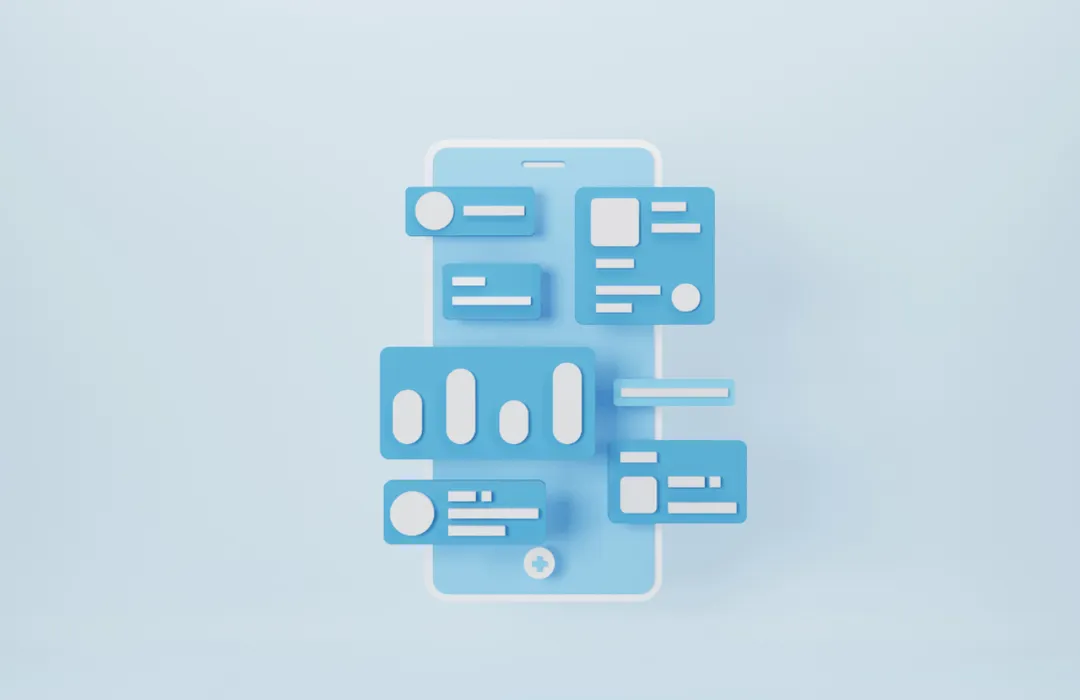 Blue illustrated drawing of a mobile and data