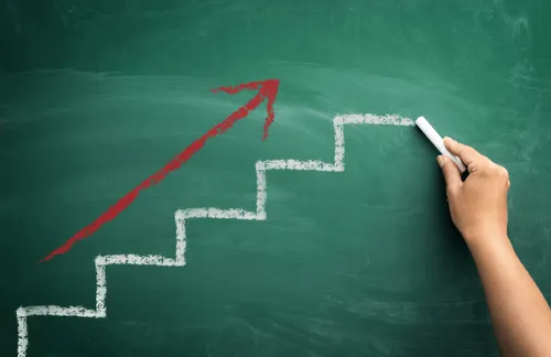 Arrow over a chalk board with steps drawn out