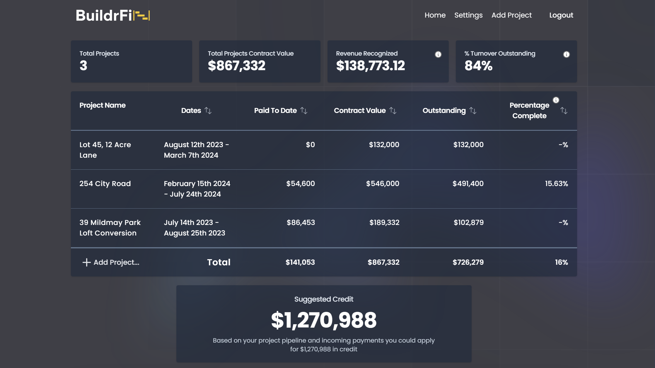 Buildrfi MVP Screenshot of dashboard