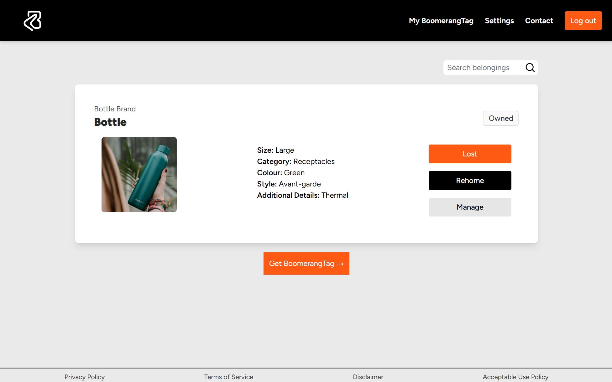 Boomerang® MVP Screenshot of bottle and details