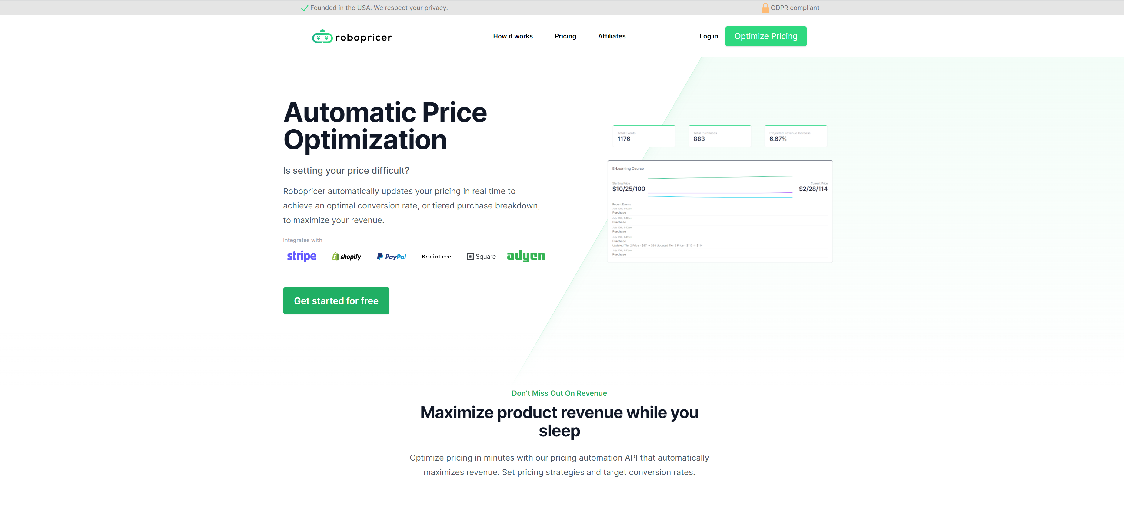 Robopricer MVP Screenshot of website 