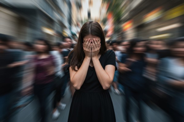 A woman stands with her head in her hands as she panics