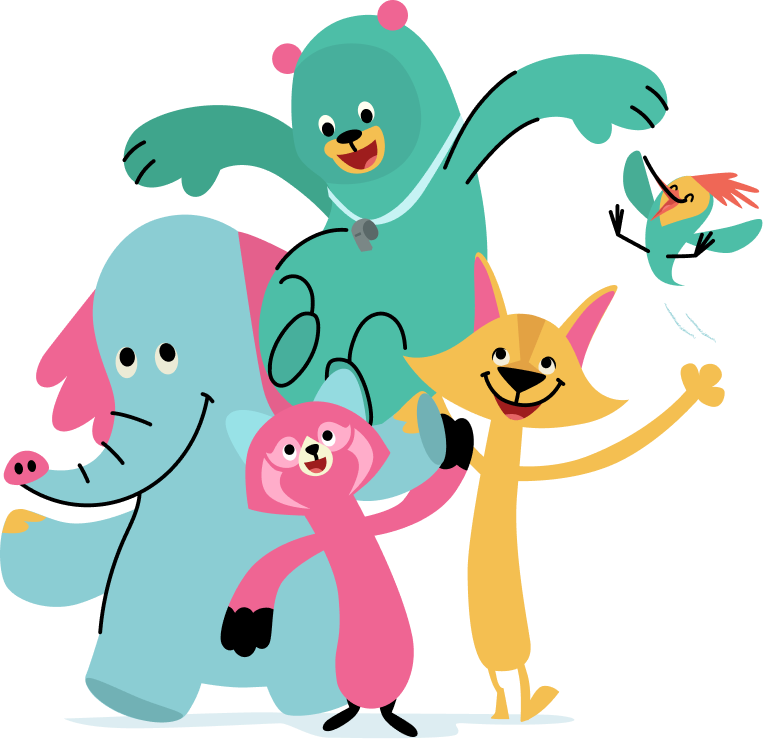 Five animated Khan Academy Kids characters jump with joy. 