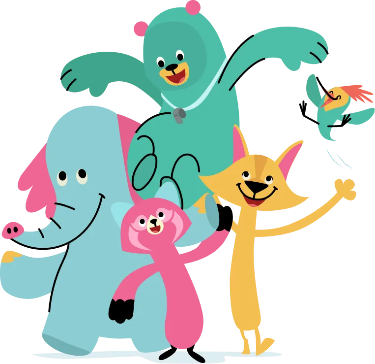 Five animated Khan Academy Kids characters jump with joy. 