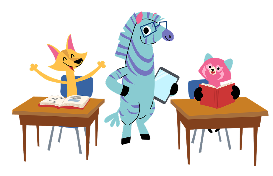 Animated animal characters in a classroom setting smile with joy while reading. 