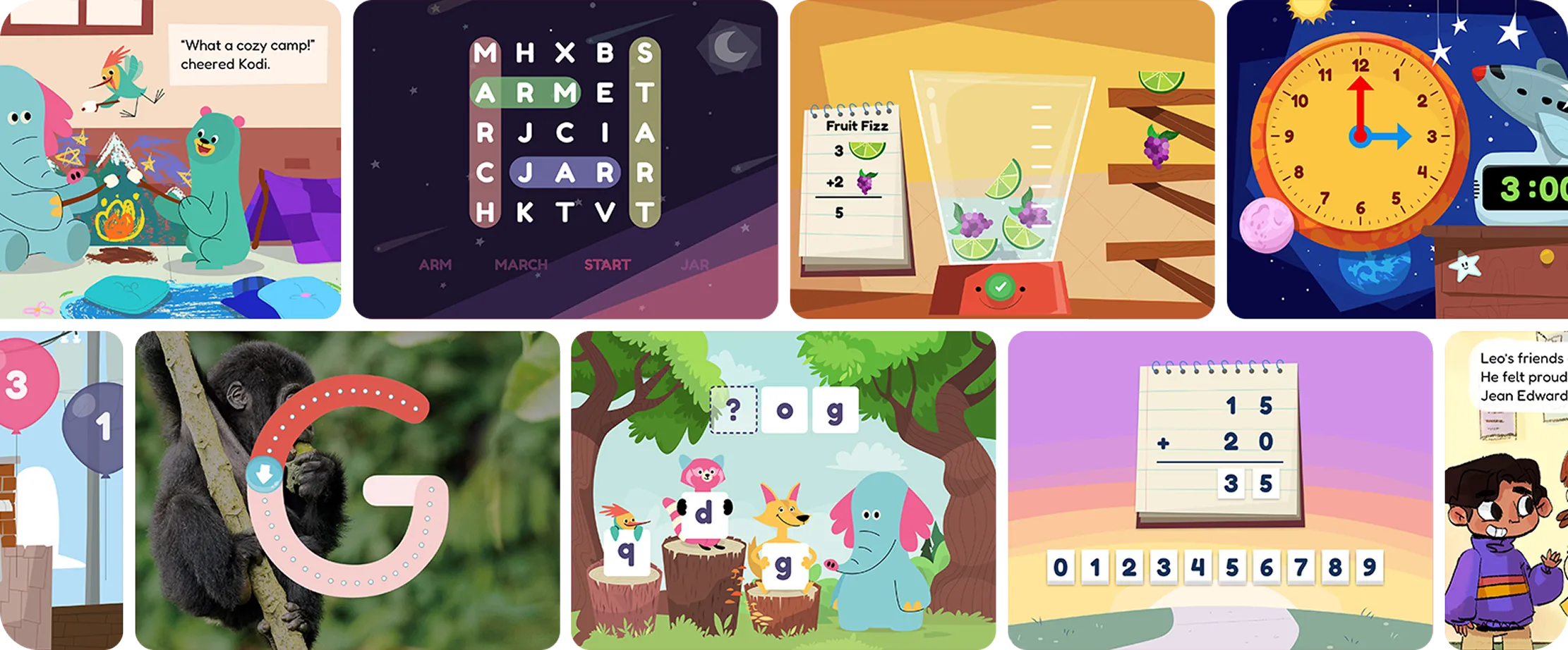 Screenshots of joyful educational games in the Khan Kids app including math and spelling games. 