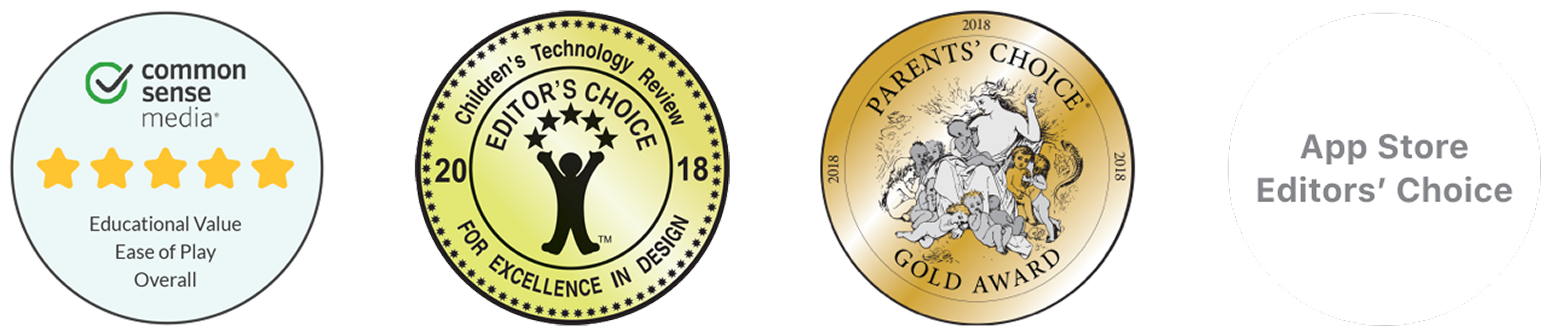 Award badges showing Khan Academy Kids as a trusted, top-rated early learning app.