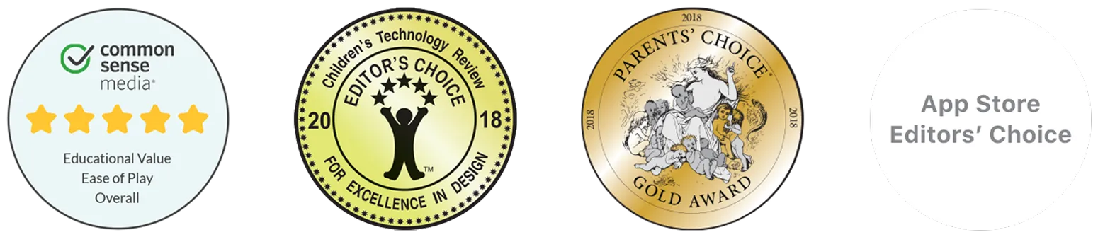 Award badges showing Khan Academy Kids as a trusted, top-rated early learning app.