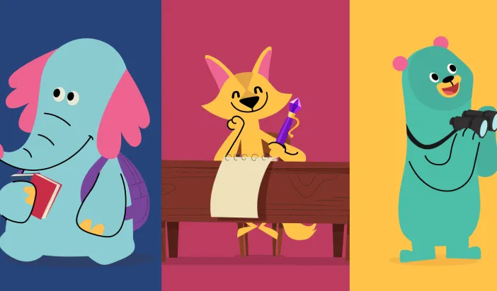 Teacher and young student using Khan Academy Kids on tablet in classroom setting. 