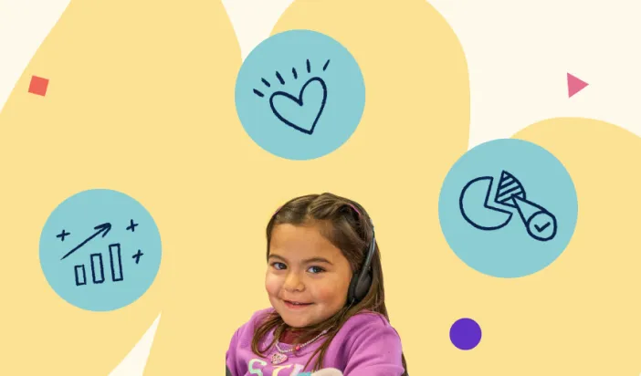 Young girl smiling in a classroom setting with graphics of math, emotion, and other core skills. 