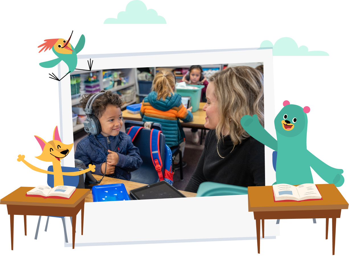 Free Learning App for Students. Teacher using Khan Academy Kids with young students in the classroom. 