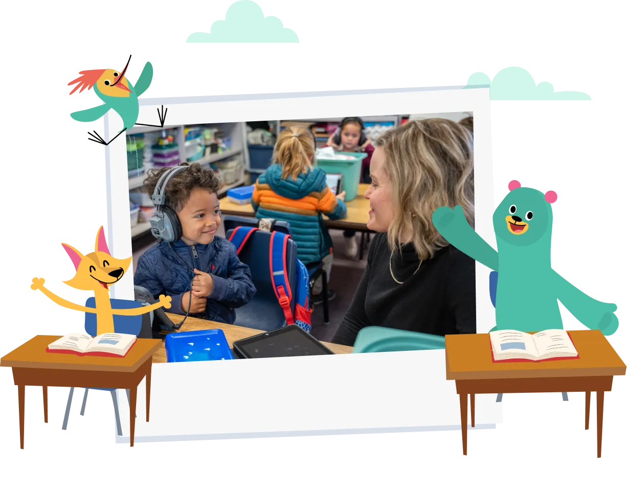 Free Learning App for Students. Teacher using Khan Academy Kids with young students in the classroom. 