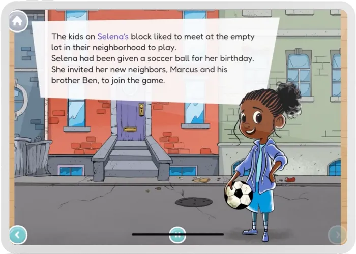 Young girl using the Khan Academy Kids app on a tablet to build early math skills. 