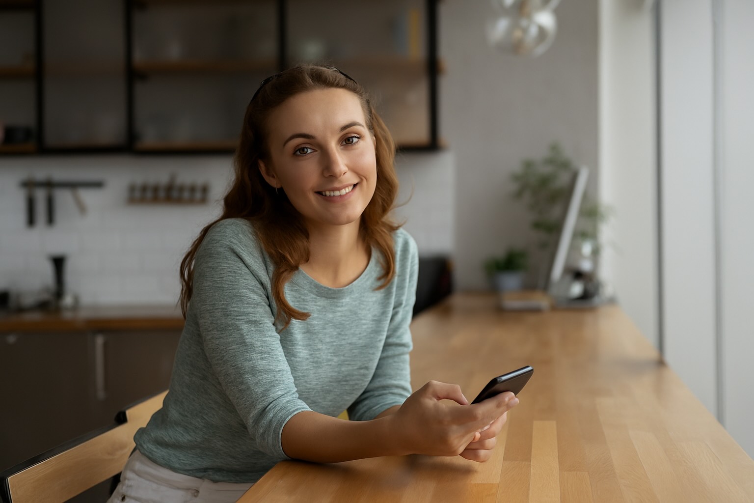 A young woman with wavy brown hair sits at a wooden kitchen counter, smiling and holding a smartphone, with soft natural light coming through nearby windows.