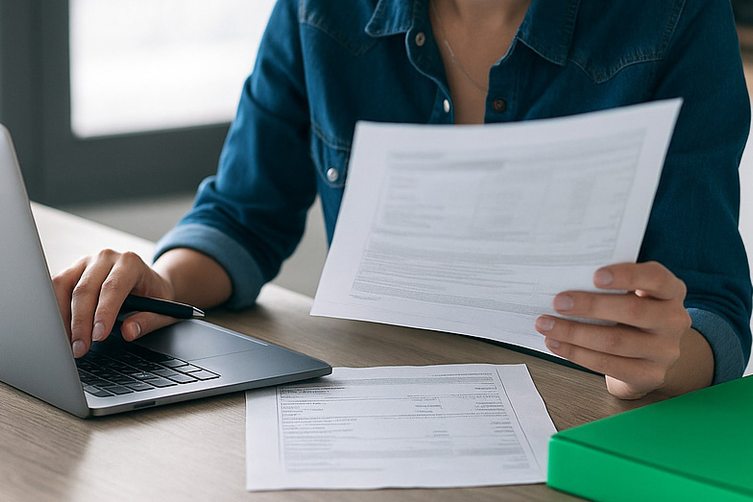 Business professional reviewing financial documents at a desk with a laptop and green folder.