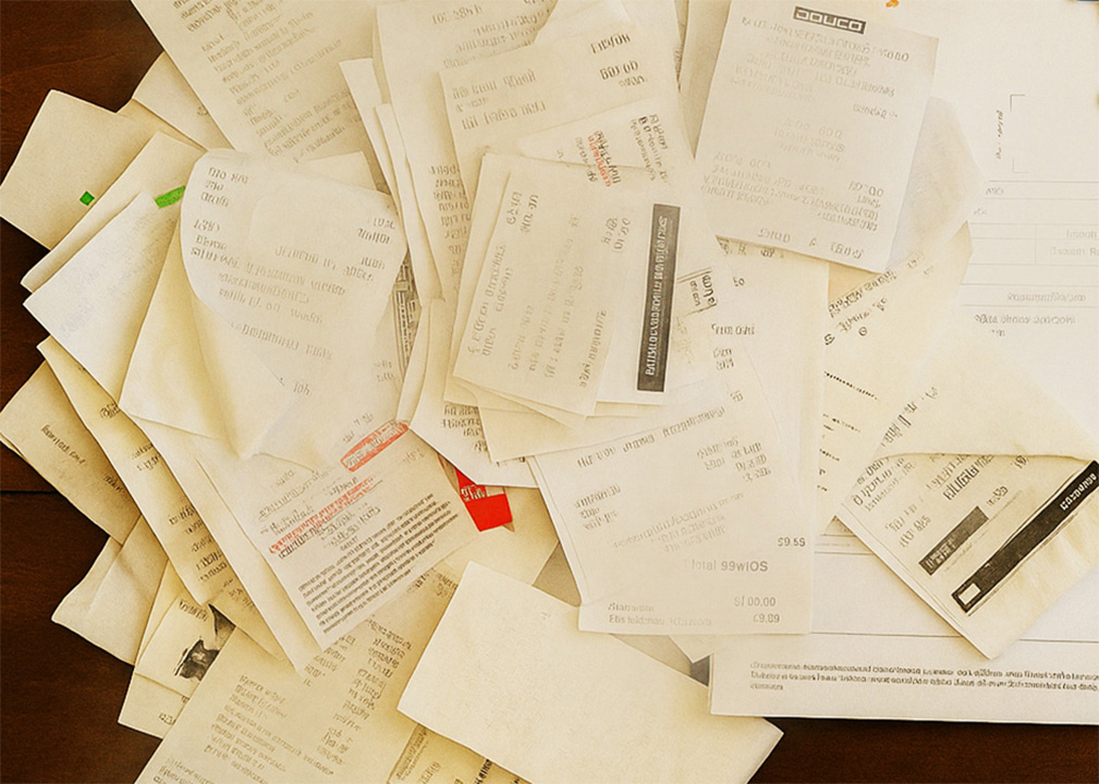 A cluttered tabletop filled with various receipts, papers, and invoices, suggesting unorganized financial records or catch-up bookkeeping.