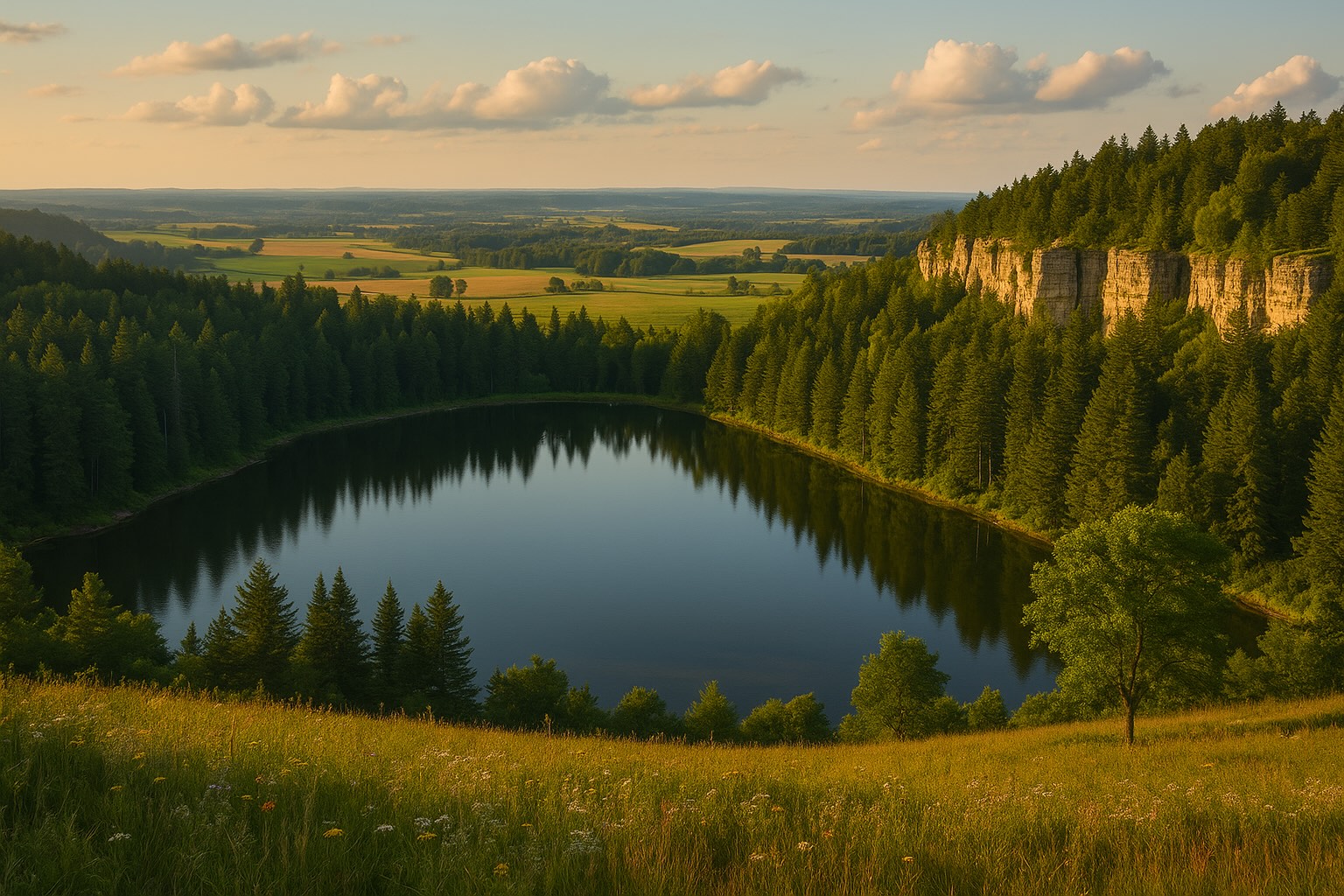 A scenic landscape of the Upper Midwest featuring a calm lake surrounded by dense pine forests, limestone bluffs, and rolling farmland under a golden sunset sky.