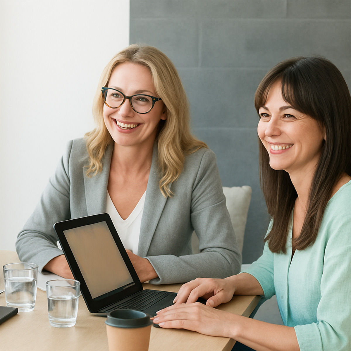 Two smiling women sitting at a table with a tablet and drinks, appearing engaged in a friendly and professional meeting.