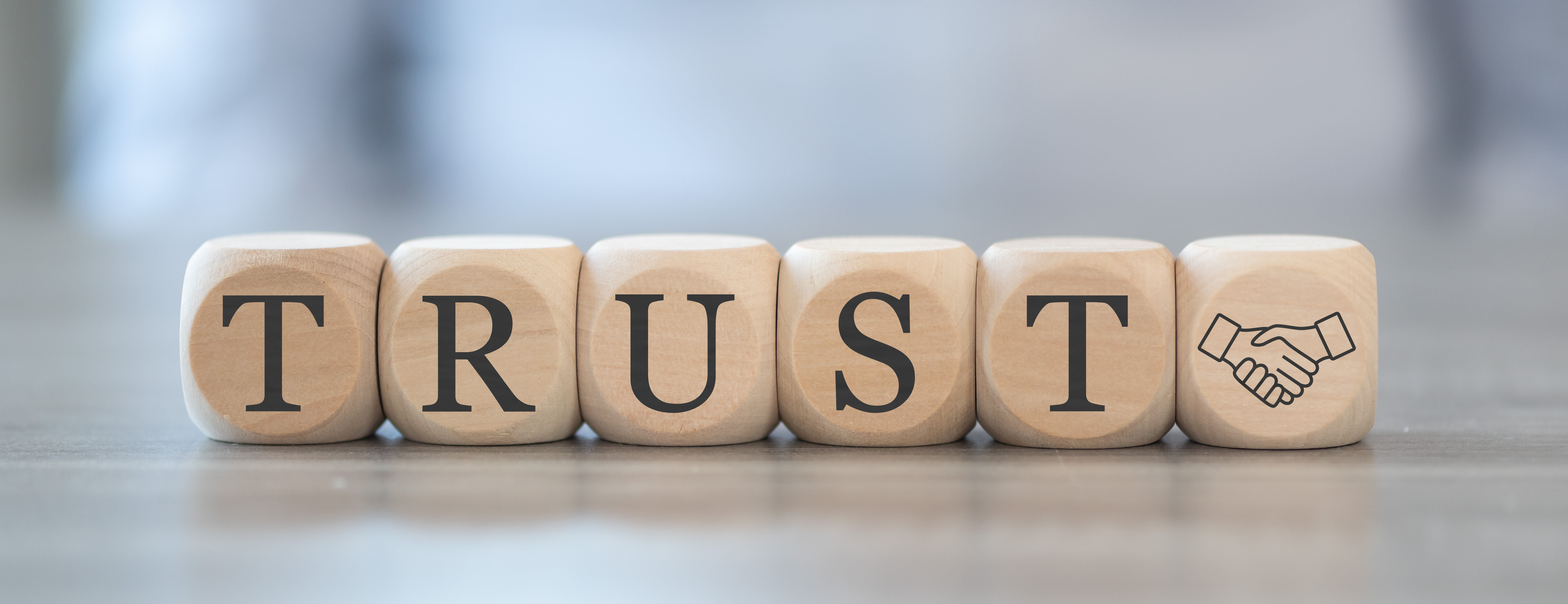 Wooden blocks spelling the word “TRUST” with a handshake icon, representing leadership integrity, workplace culture, and trusted organizational partnerships in Ontario.