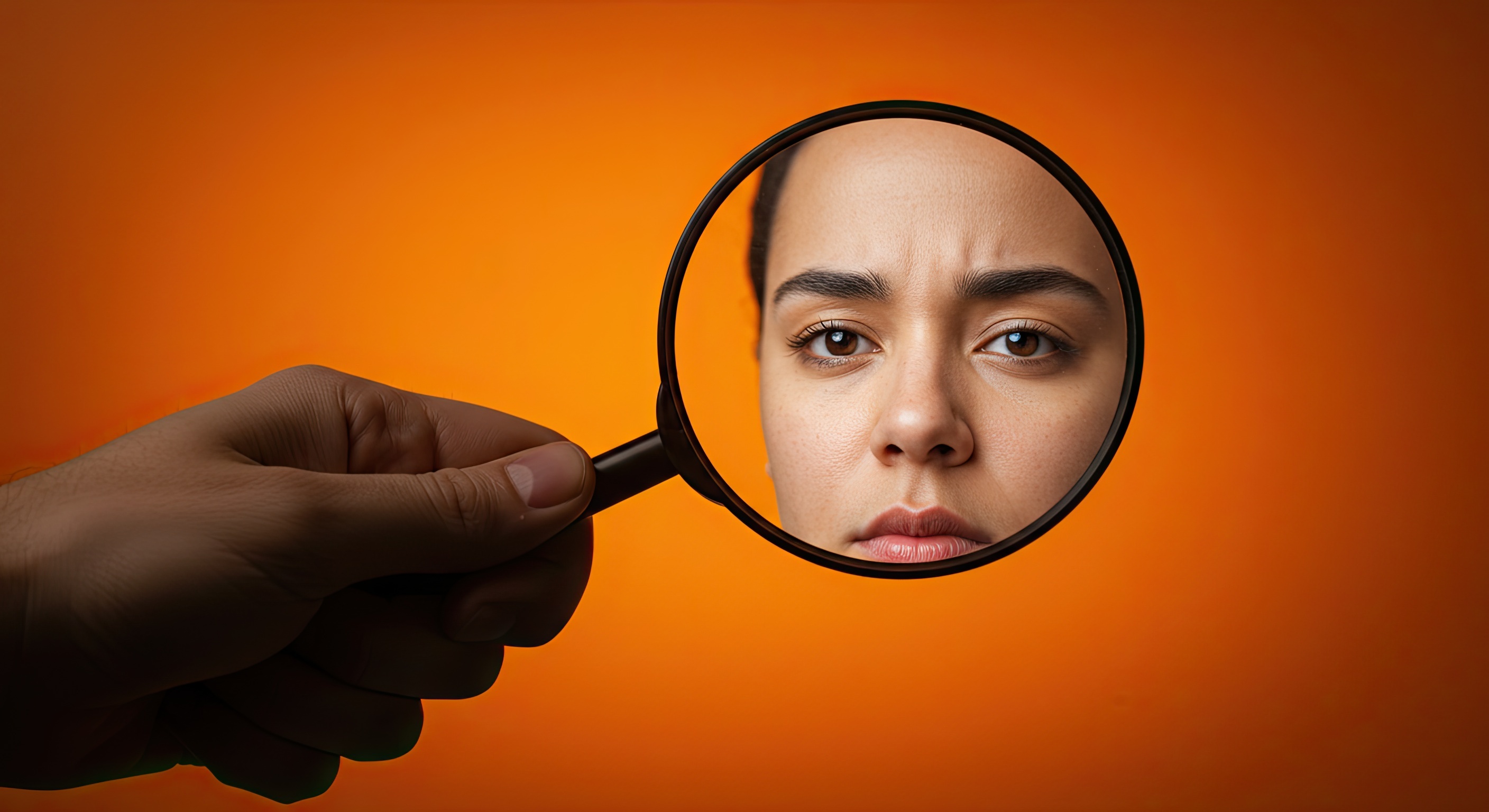 Woman examining her face through a magnifying glass, symbolizing self-reflection and personal growth coaching in Toronto, Ontario.