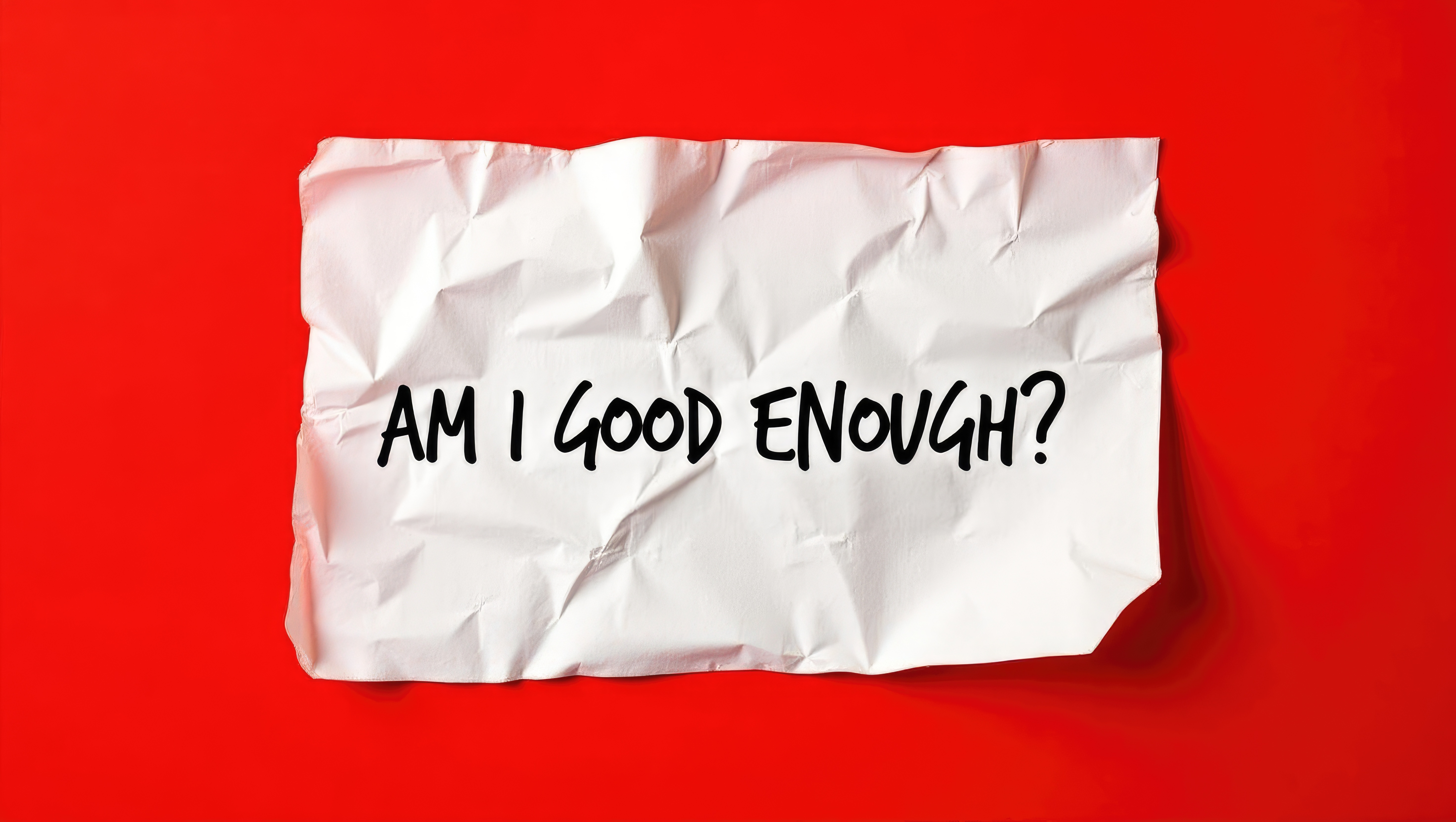 Crumpled white paper with the question “Am I Good Enough?” written in bold black letters on a red background, symbolizing self-doubt and the inner critic—AWL Partners Leadership Coaching in Ontario.