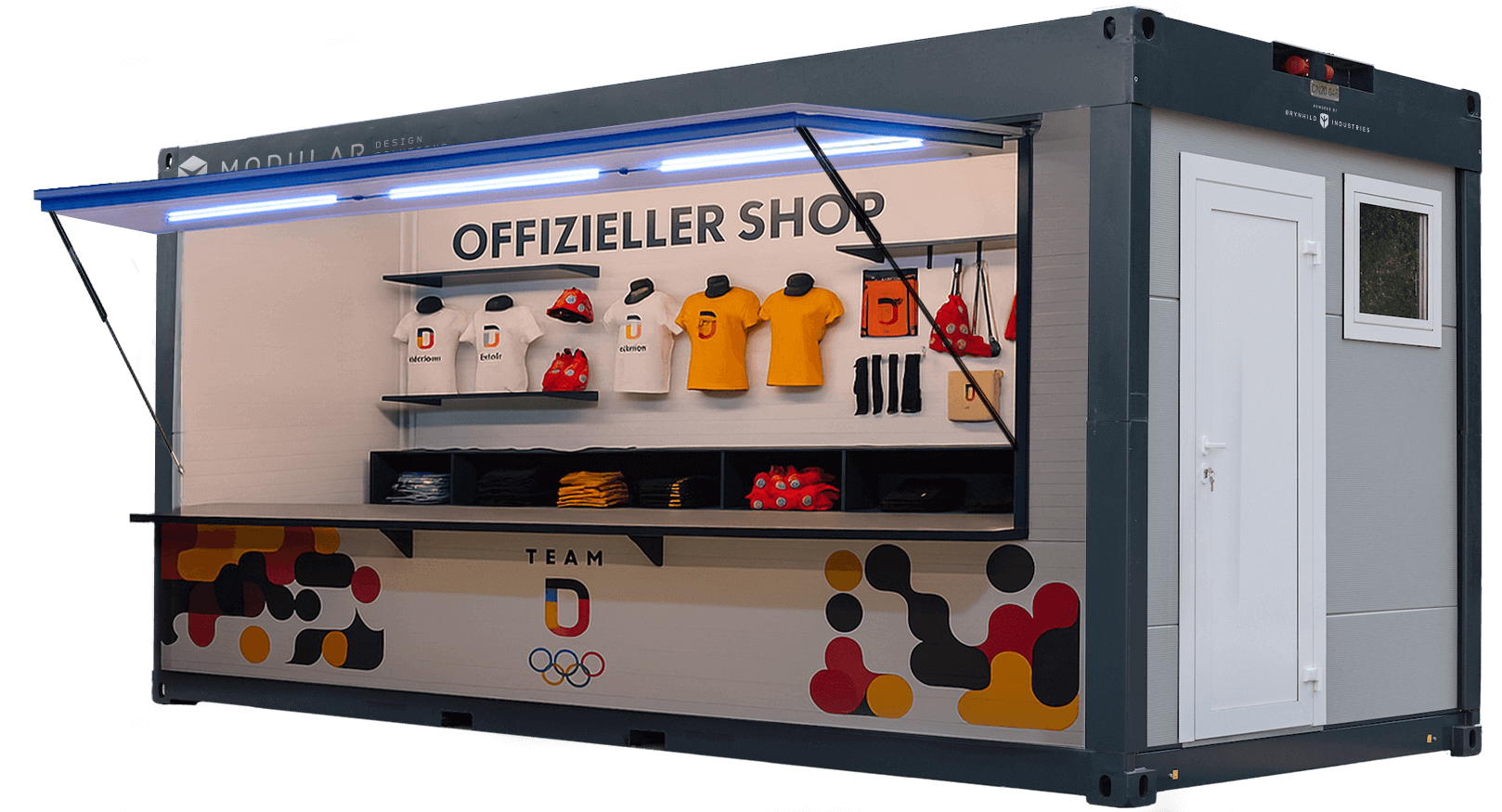 A photo of the CN20 unit adapted to a pop-up merch store.