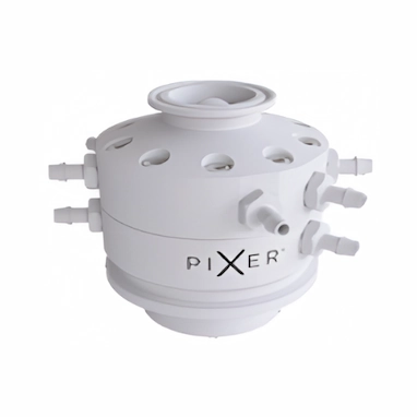 Alphinity PIXER P10 single-use pump head engineered for precise low-flow bioprocess metering and contamination-free operation.