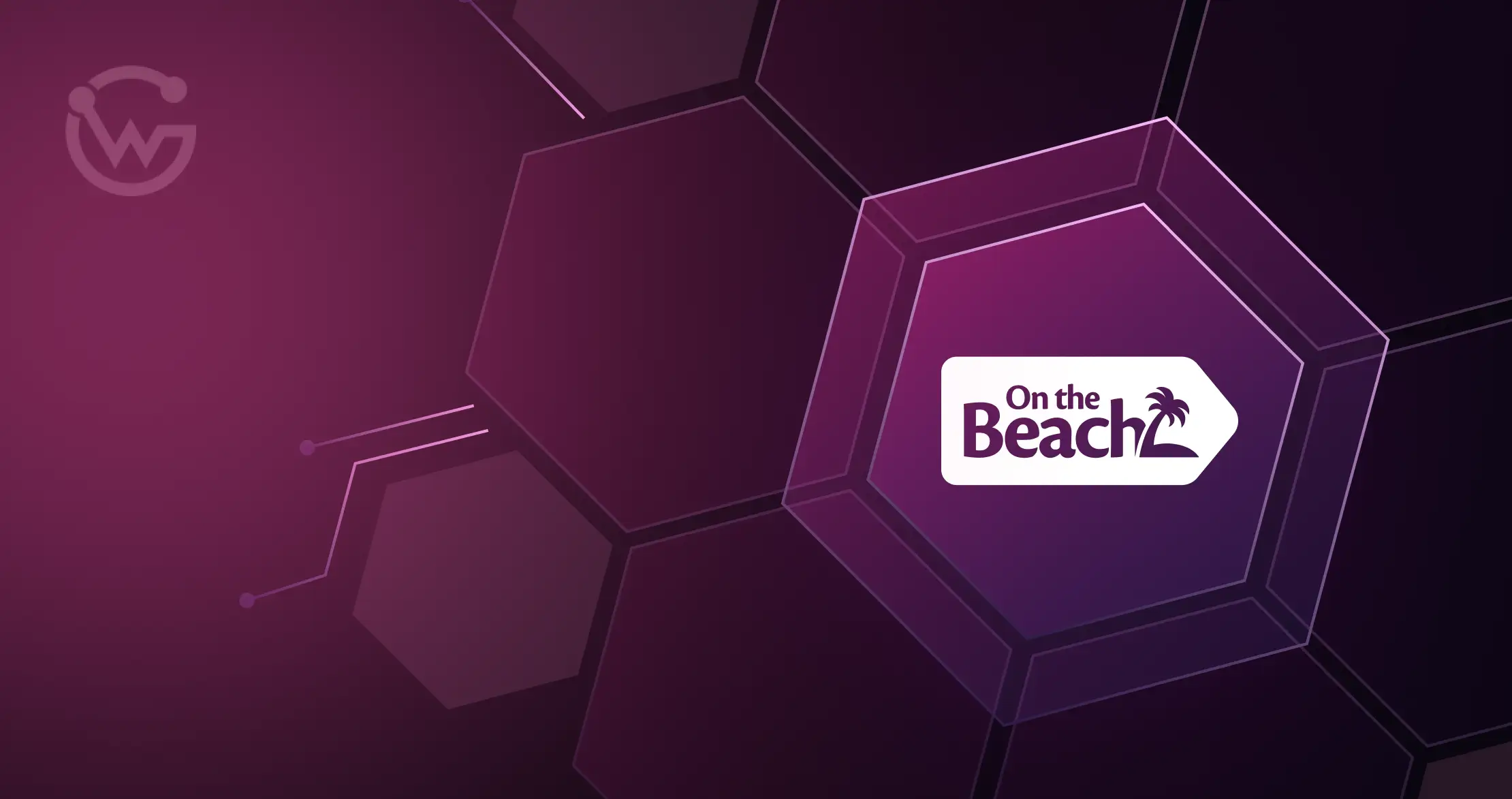 White On the Beach logo with a palm tree inside a purple hexagonal shape on a dark purple geometric background.