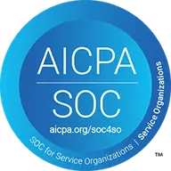 Blue circular badge with text 'AICPA SOC' and a URL for soc4so on aicpa.org.