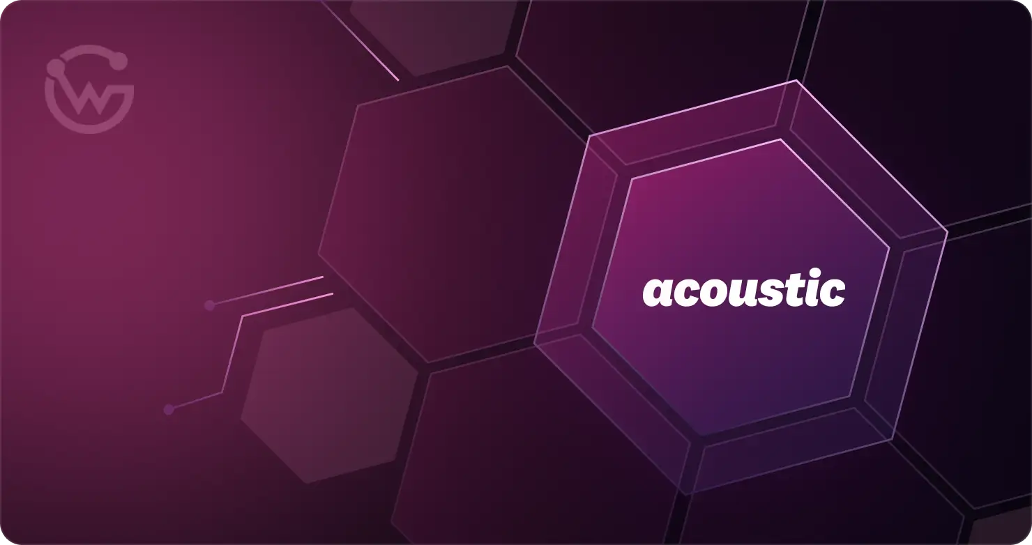 Dark purple hexagonal pattern with the word 'acoustic' in bold white letters inside a highlighted hexagon.