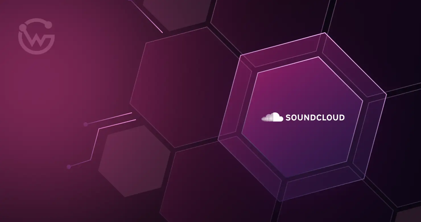 SoundCloud logo with a white cloud and waveform inside a purple hexagon pattern background.