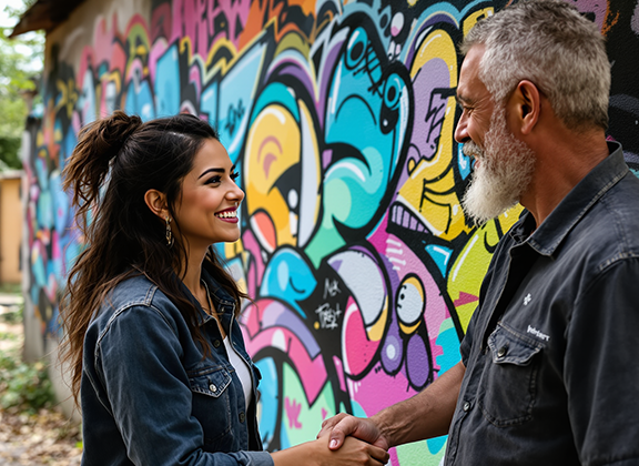 Artist and client shaking hands